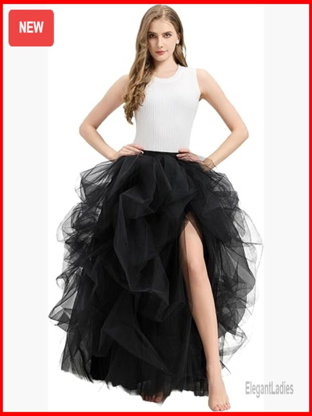 Long Tulle Maxi Skirt with Slit Fluffy Bustle Tutu Prom Party